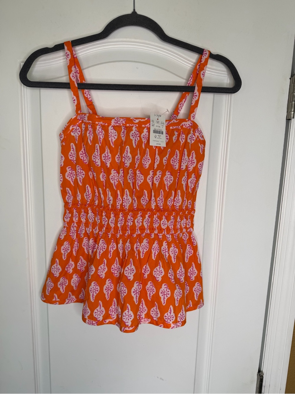 NWT J. Crew Strappy Shirred Orange Printed Smocked Cami with Pink Motif.Size 2